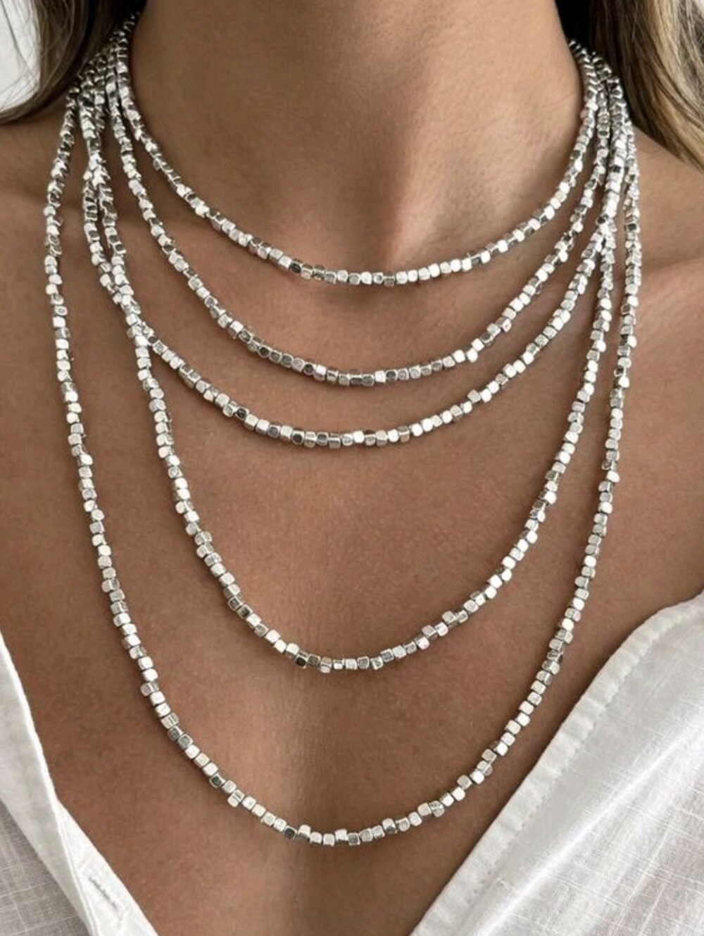 Layered Silver Bead Necklace - Elegant Multi-Strand Women’s Jewelry